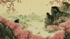 Mysterious landscape China's traditional Oriental Digital Art animation, Chinese retro painting ink misty mountain with flowers, tree, birds, river in fog background. China Japan scenery artwork - Powered by Shutterstock - Get 15% off with code: PIKWIZARD15