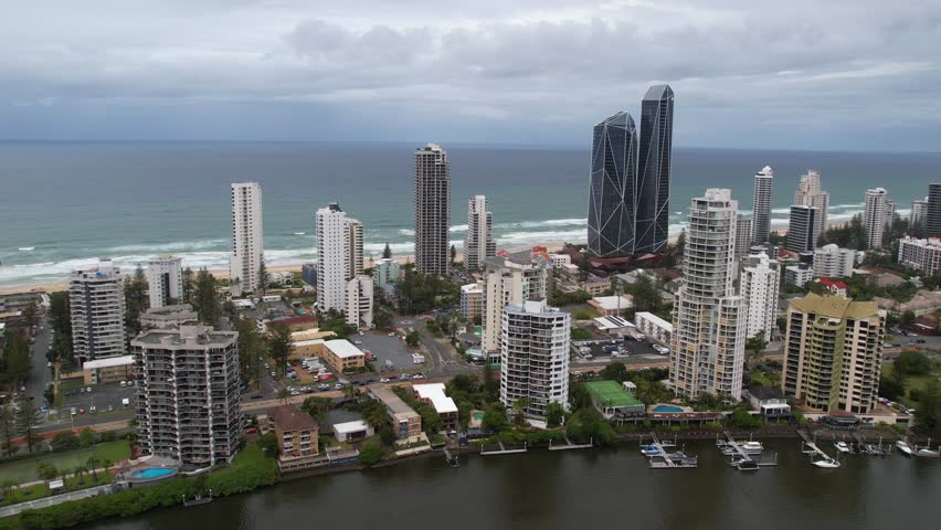 Surfers Paradise, Gold Coast, Australia. Aerial View of Waterfront Towers and Buildings, Drone Shot