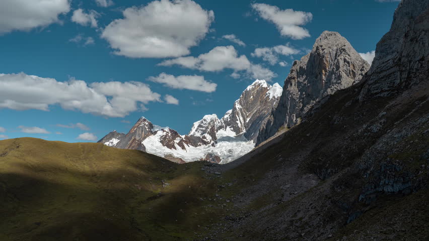Vertical 4k Hyperlapse, Clouds Moving Above Glacier, Andes Mountain Peaks and Lake on Sunny Summer Day