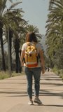 Vertical video. A young traveler with a backpack walking along a road between palm trees, camera focusing on snowy mountains in the distance. Sunny.