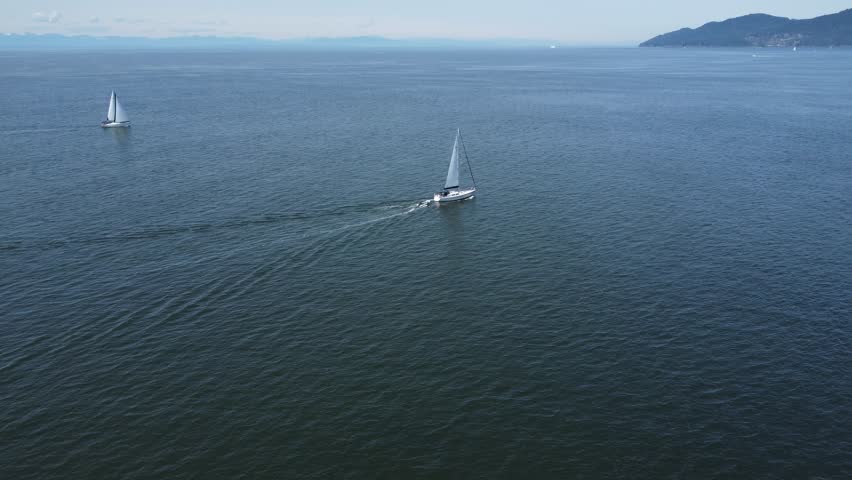 An aerial shot of boats sailing in the sea at the port of Lighthouse park Vancouver, British Columbia, Canada