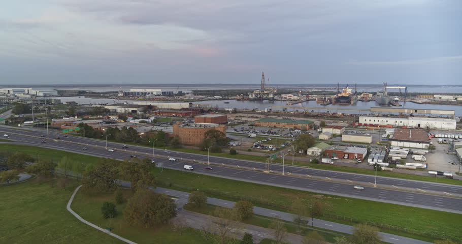 Mobile Alabama Aerial v18 birdseye view of the river and shipbuilders yards towards pinto pass wildlife preserve - DJI Inspire 2, X7, 6k - March 2020