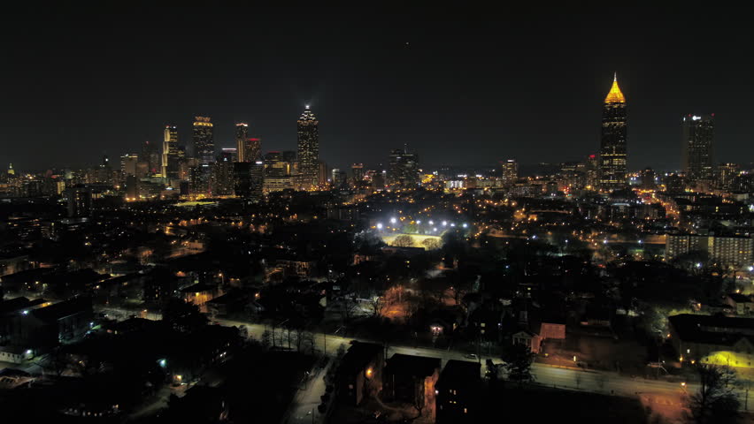 Atlanta Aerial v248 Flying low into and over downtown at night with cityscape views - March 2017