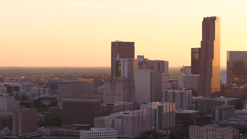Atlanta Aerial v269 Flying low besides downtown with cityscape views at sunset - April 2017