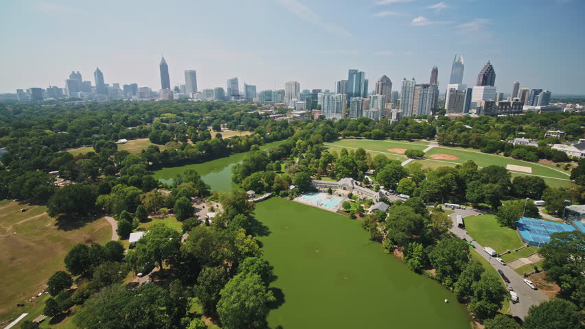 Atlanta Aerial v319 Flying low over Piedmont Park sunny full cityscape - September 2017