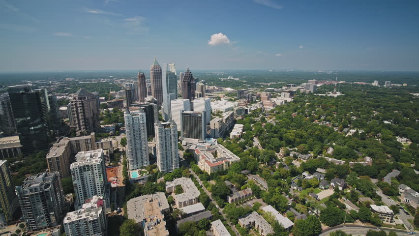 Atlanta Aerial v322 Flying low around Midtown sunny cityscape - September 2017