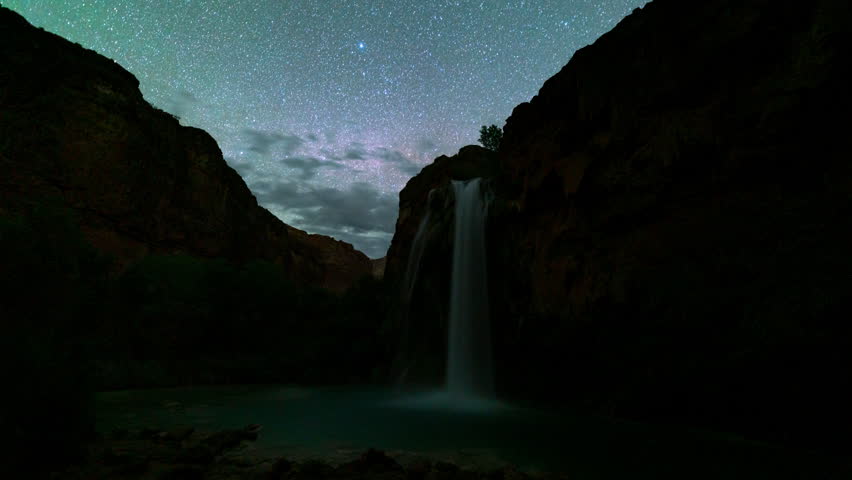Timelapse of Milky Way galaxy over waterfalls in Grand Canyon in Arizona, USA