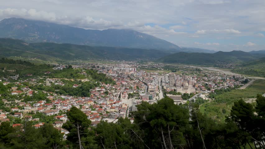 Elevated view of the Ottoman houses along the Osum River in the central Albanian city of Berat 