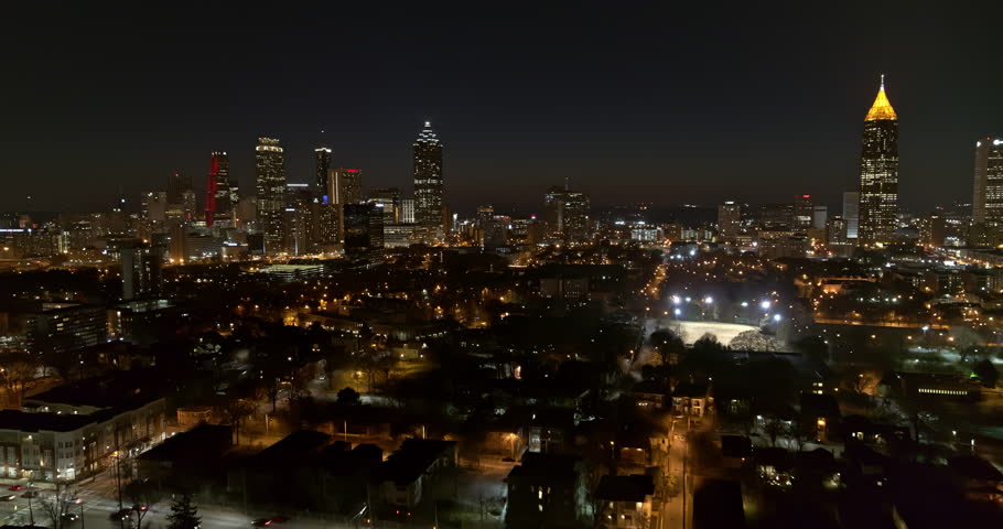 Atlanta Aerial v384 Flying over downtown, night view - January 2018