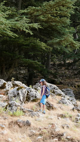 vertical shot. summer camp. Traveling child. trekking with a backpack. a boy walks along a mountain road. hiking and active healthy lifestyle. adventure holidays with children.