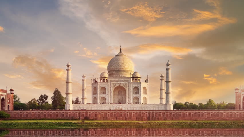 Time lapse of Taj Mahal, an ivory-white marble mausoleum on the south bank of the Yamuna river in Agra, Uttar Pradesh, India.