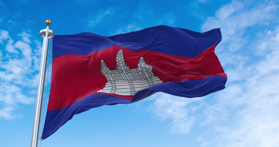 Flag of Cambodia realistic waving in the wind with sky background (Perfect Loop)