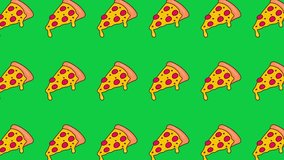 Pizza slice pattern animation. Pizza slice cartoon drawing animation. Cheese and pepperoni pizza slices. Animated dancing pizza slice pattern isolated on green background. - Powered by Shutterstock - Get 15% off with code: PIKWIZARD15