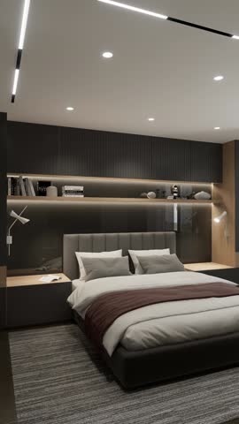 3D rendering. The camera flies around the bedroom in a minimalist style. Vertical format for a phone.