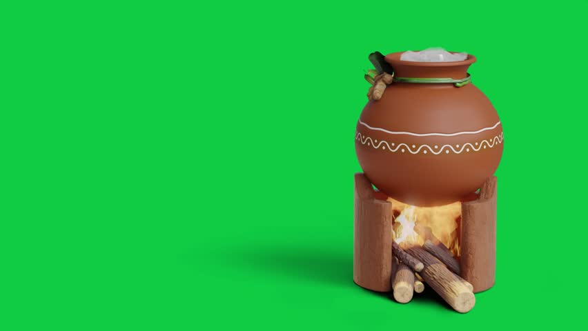 Happy Pongal Festival Greetings Video with green Screen Alpha Channel. Pongal cooking in the traditional way using wood fire video