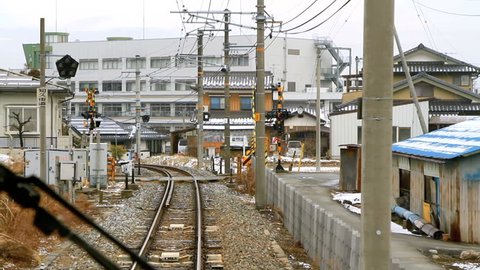 View from moving train Window. Iida line, Nagano Prefecture, Japan. POV
