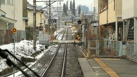 View from moving train Window.  Iida line, Nagano Prefecture, Japan. POV