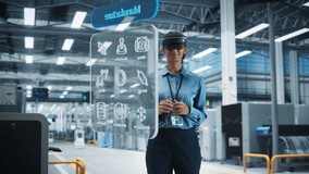 Female Engineer Wearing AR Headset in a High-tech Factory Uses an Augmented Reality to Interact With 3d Holographic Engine, Manufacturing of Electric Engines for Future. Engineering Concept - Powered by Shutterstock - Get 15% off with code: PIKWIZARD15