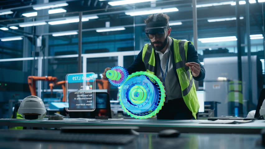 Male Engineer Uses an Augmented Reality Headset to Interact With 3D Holographic Model of Engine in a High-tech Factory, Showcasing Innovative Manufacturing Processes and Advanced Digital Visualization