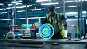 Male Engineer Uses an Augmented Reality Headset to Interact With 3D Holographic Model of Engine in a High-tech Factory, Showcasing Innovative Manufacturing Processes and Advanced Digital Visualization - Powered by Shutterstock - Get 15% off with code: PIKWIZARD15