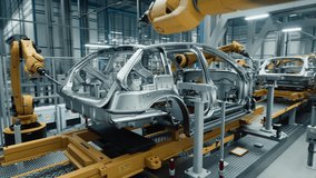 Aerial Fly Through Shot: Autonomous Factory with Robotic Arms Autonomously Assembling Car Frames Factory. AI, Precision Production and Manufacturing of Electric Vehicles. Cinematic 360 Circle Camera - Powered by Shutterstock - Get 15% off with code: PIKWIZARD15
