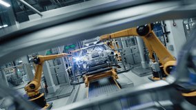 Dynamic Aerial Flyover Through Autonomous Factory with Robotic Arms Autonomously Assembling Car Frames Factory. AI, Precision Production and Manufacturing of Electric Vehicles. Cinematic Camera Angle - Powered by Shutterstock - Get 15% off with code: PIKWIZARD15