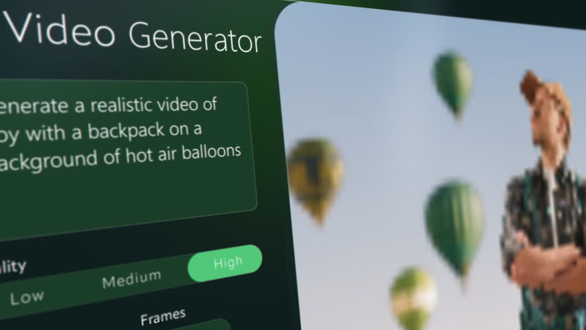 AI Text-to-video Model Generate a Realistic Clip of a Man With a Backpack Amidst Hot Air Balloons. Experience Cutting-edge Artificial Intelligence Technology in Action Ready for Digital Creators