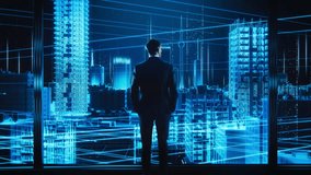 A Businessman Gazes at a Futuristic Cyber City From His Office, Immersed in a High-tech Digital Landscape. Technology, Innovation, and Future Cityscape Themes. - Powered by Shutterstock - Get 15% off with code: PIKWIZARD15