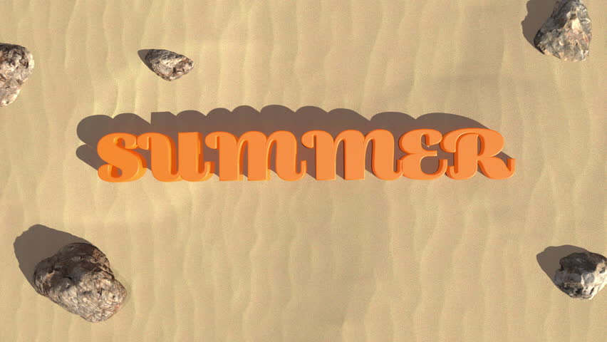 A beautiful seasonal realistic 4k 3d motion graphic simulation of the word "summer" written in a script font in 3d laying on a shore and being washed by sea water.