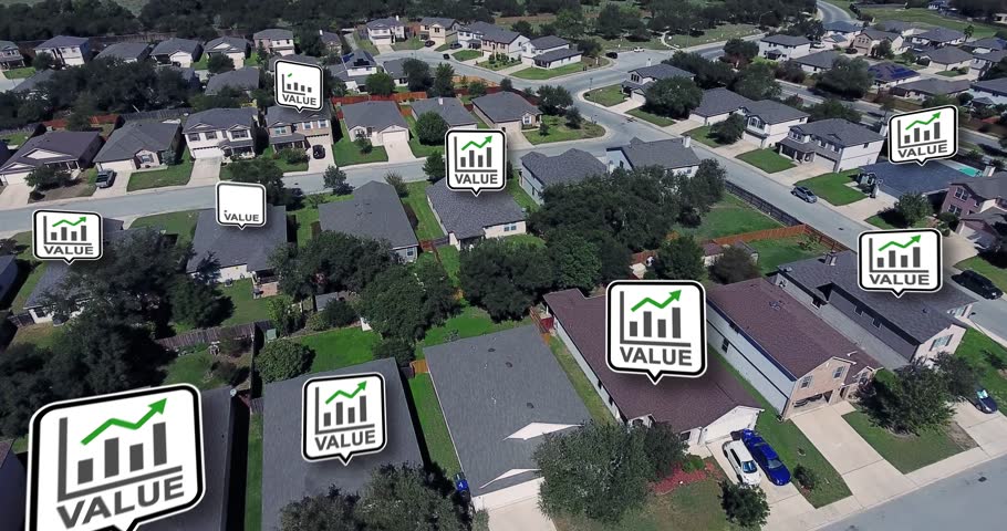 Real estate property values increasing pop-up bubbles over homes in a residential neighborhood. Housing bubble, land of opportunity, opportunity is knocking concept.  	