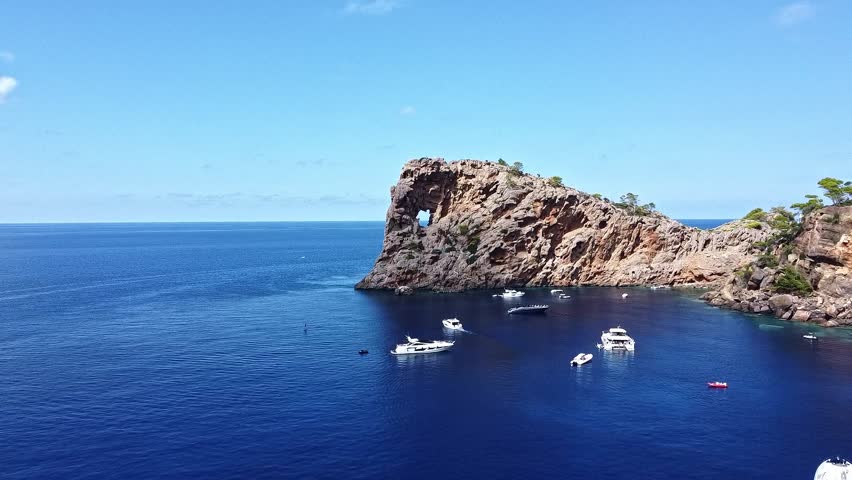Elephant Rock, natural formation, island location, Mallorca, aerial