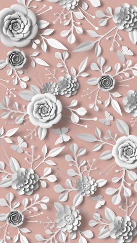 3d rendering, loop vertical video of floral background, turning paper flowers, botanical pattern, papercraft, candy pastel colors, white flowers on pink background