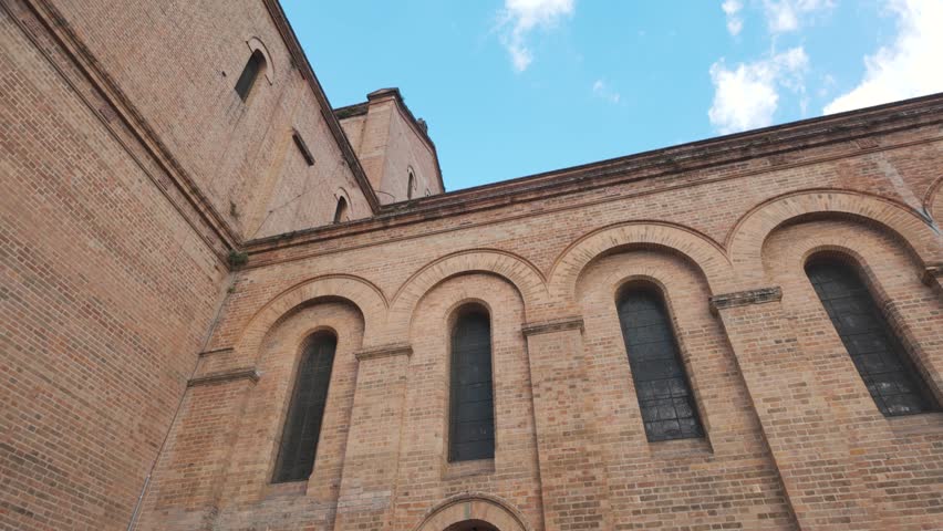 Upward Panning View Of Historical Brick Arches Of Medellin Metropolitan Cathedral, Colombia
