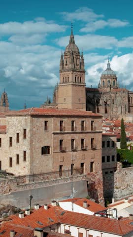 Salamanca, Castilla y León, Spain - crane shot of the town historic center.