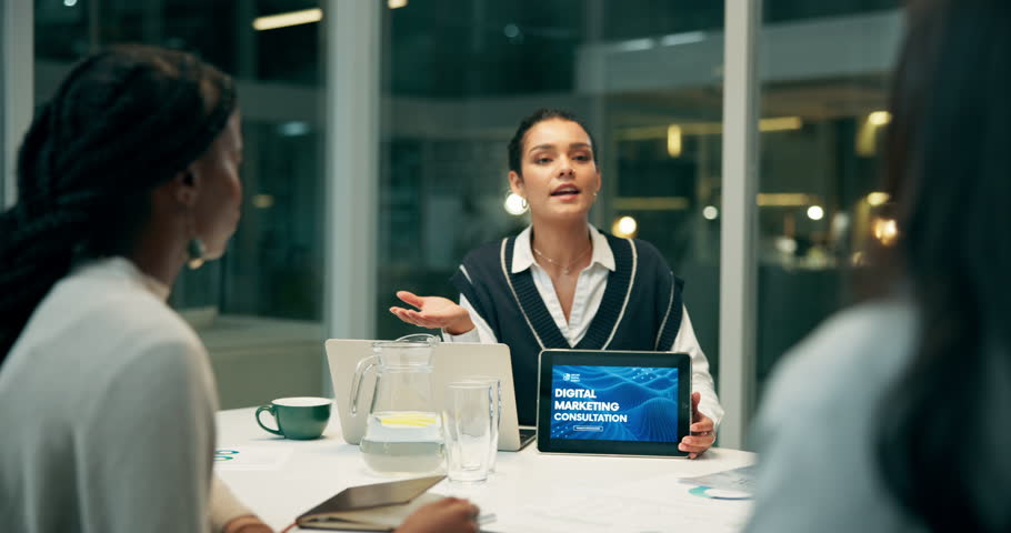 Digital marketing, screen and discussion of woman, group and seo for promotion of ebook and online. Meeting, content optimisation and talking of person for project, night and researcher in boardroom