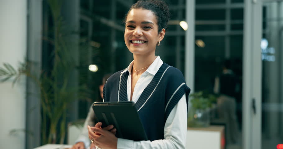 Business woman, tablet and reading in office for finance review, planning and report progress. Accountant, employee and digital touchscreen at workplace, investment and budget feedback for company