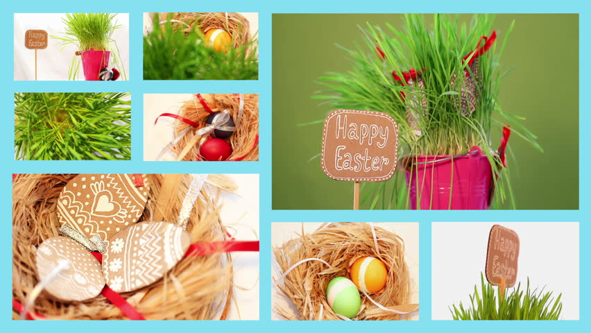 Easter set, eggs, nest, grass, spinning, hand-made, belt, blue background.