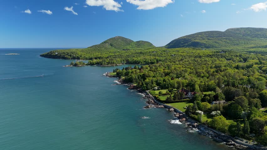 Aerial video of Bar Harbor, Maine, USA. on a beautiful sunny day.  May 29, 2024. 