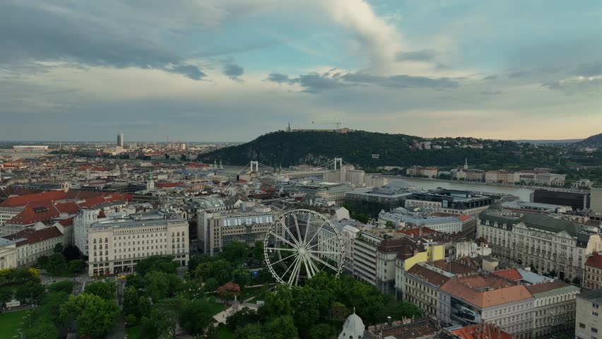 The famous Budapest attraction in this aerial video. Giant ferris wheel what name is Budapest eye