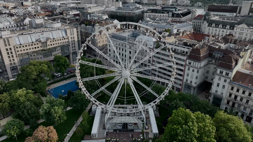 The famous Budapest attraction in this aerial video. Giant ferris wheel what name is Budapest eye