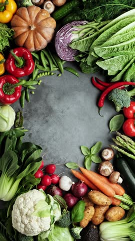 Vegetables set and space for a text or a product. Vegetables background. Healthy food. Variety of fresh vegetables, food background, top view, stock footage video 4k, vertical frame