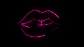 Neon lips. Glowing neon line. Line art. Biting the lip with the teeth. Isolated on black background. Smiling lips. Happy Valentine's Day. Pink lips. Linear neon animation. Motion graphic. Woman lips. - Powered by Shutterstock - Get 15% off with code: PIKWIZARD15