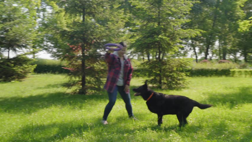 Happy beautiful middle aged Asian woman and adorable black female shepherd enjoying leisure , playing with rubber puller on park green lawn during morning walk.