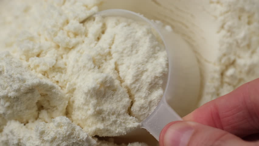 measuring spoon filled with white protein powder