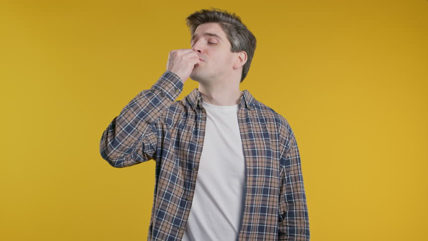 Smiling mature man expression delicious, perfect gesture. Bellissimo, compliment concept.