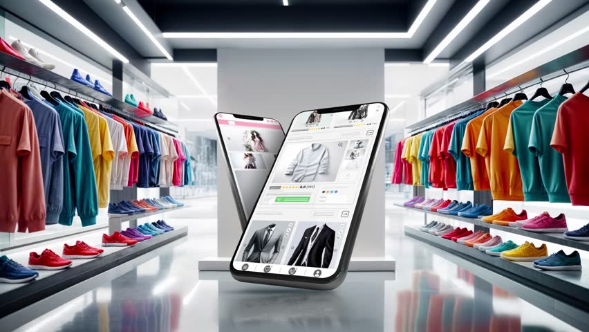 Online marketplace application and website animation. E-commerce and shopping for clothes products. Marketing, commerce and t-shirt sales home page.