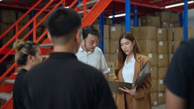 Warehouse team members holding a briefing on inventory management, discussing strategies and logistics in a well-organized warehouse. - Powered by Shutterstock - Get 15% off with code: PIKWIZARD15