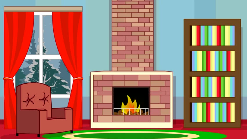 Animation of a living room with fireplace and snow falling outside the window, art.