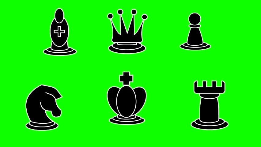 nimation of black chess pieces on a green background, king, bishop, pawn, rook, knight, queen, art.