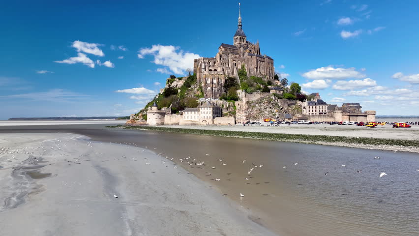 Aerial view of the famous French landmark Abbaye du Mont-Saint-Michel. Normandie. France.